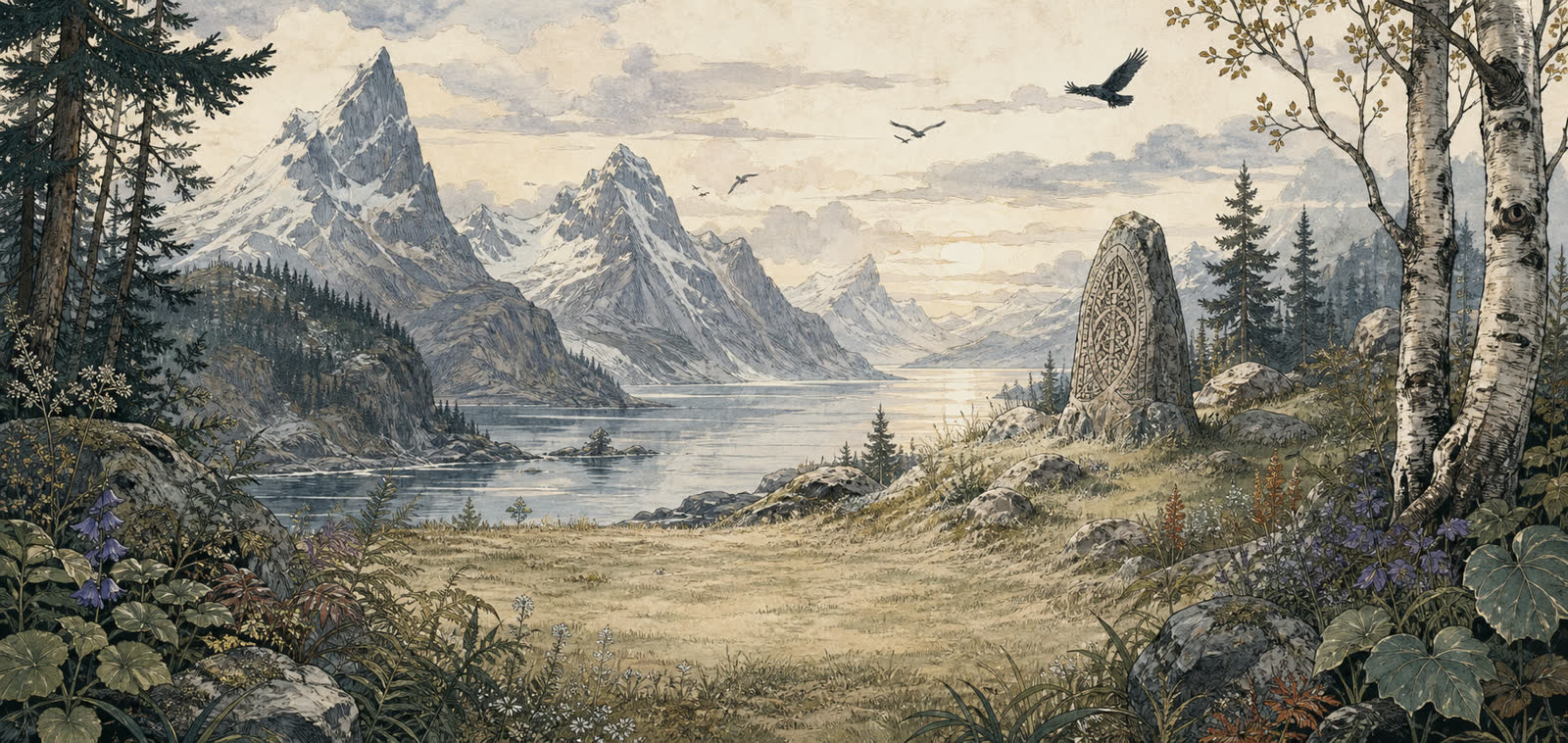 Illustrated Norse landscape: a rune-carved standing stone above a mountain fjord, ravens circling snow-capped peaks